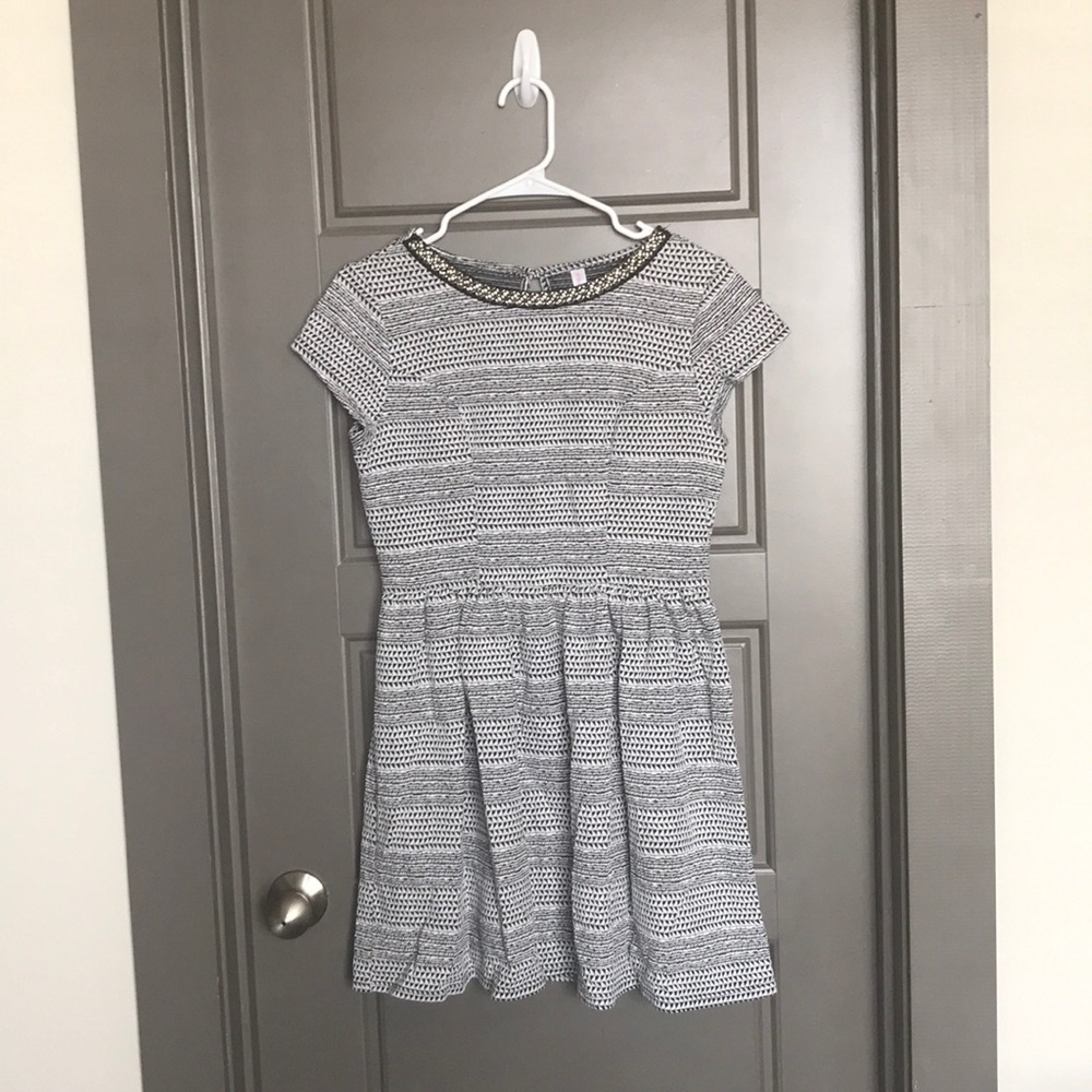 Tribal print black & white dress w/ beaded collar